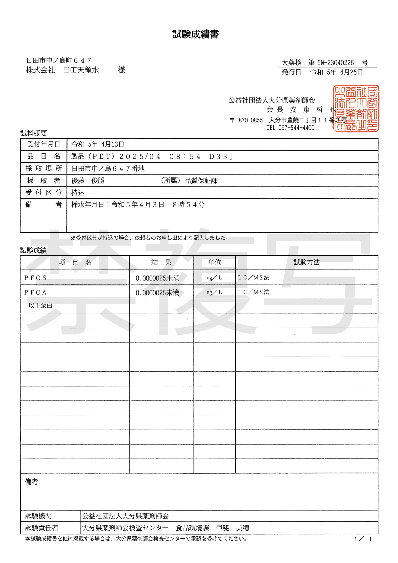 2023年4月25日PFOS、PFOA分析試験