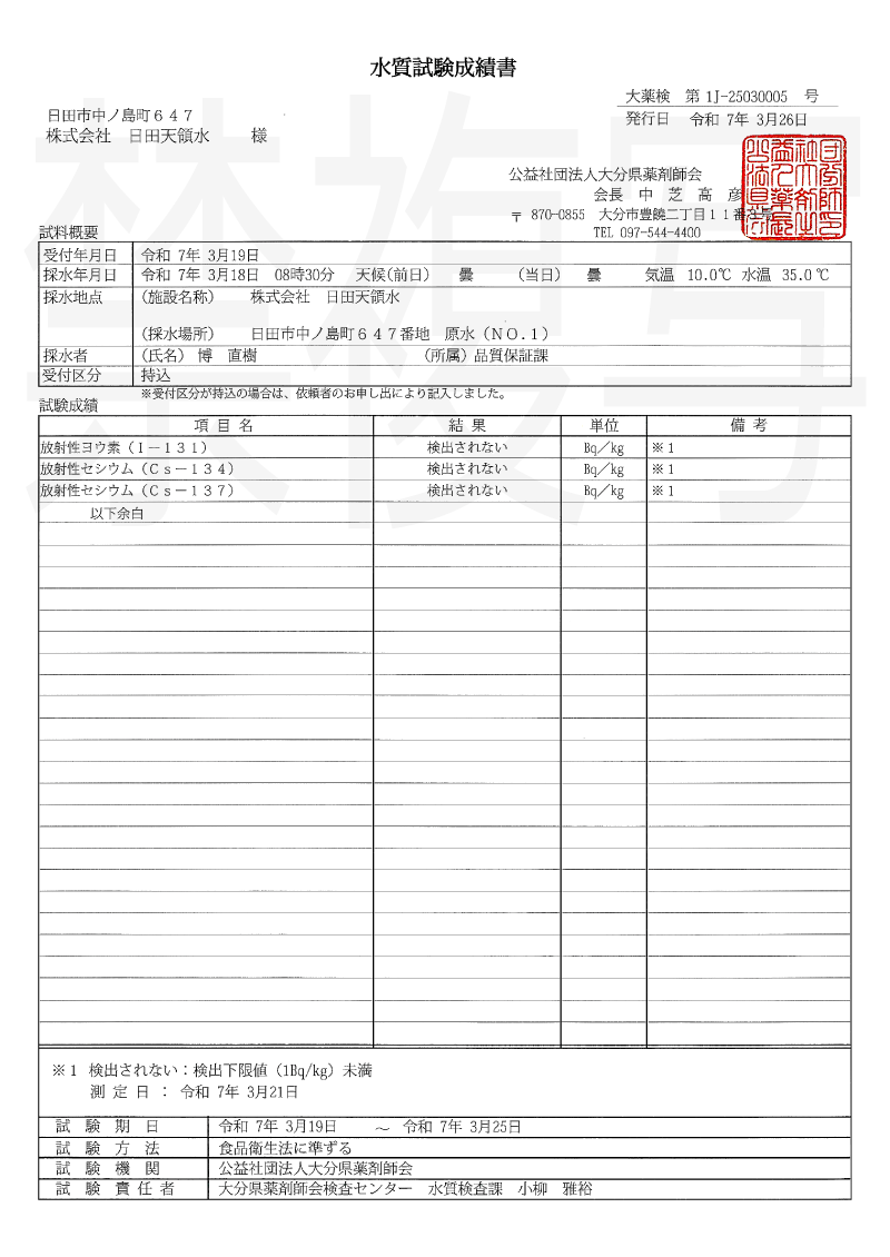 2025年3月26日放射性物質分析試験結果書